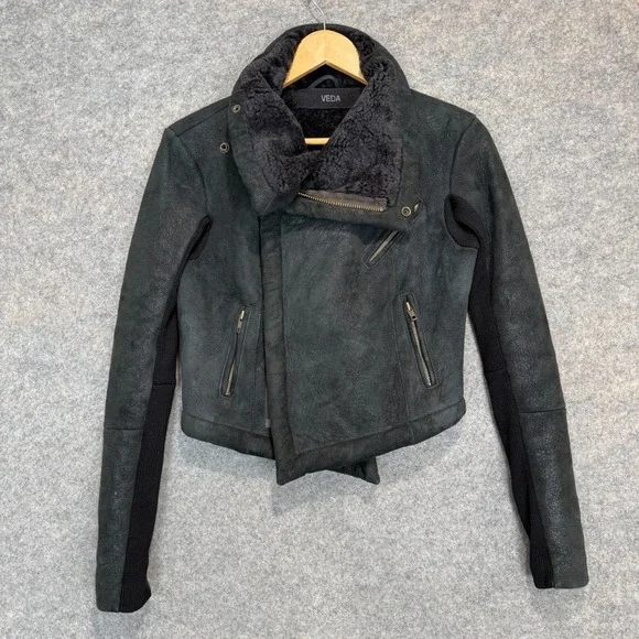 Veda 100% Shearling Leather Fur Moto Jacket Womens Small Motorcycle Designer Zip - Picture 3 of 16